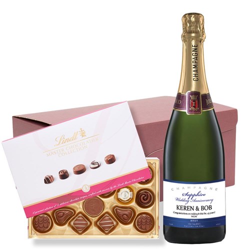 Personalised Champagne - Sapphire Anniversary Label and Lindt Master Chocolatier Hamper – Premium Gift